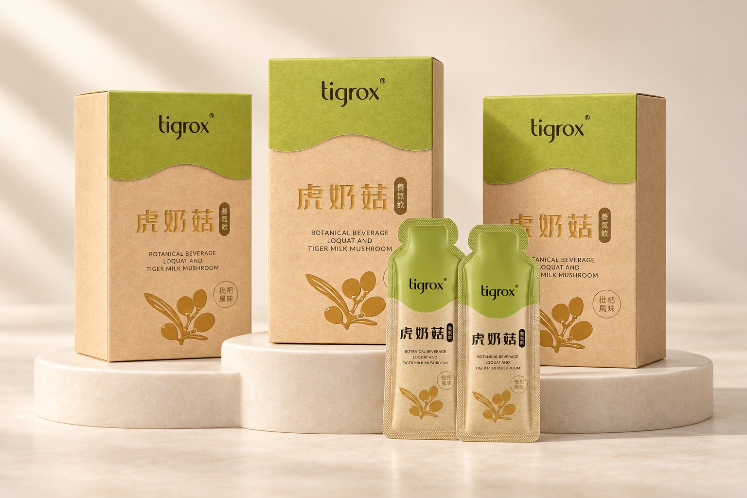 TIGROX 虎奶菇養氣飲的外盒與即飲包