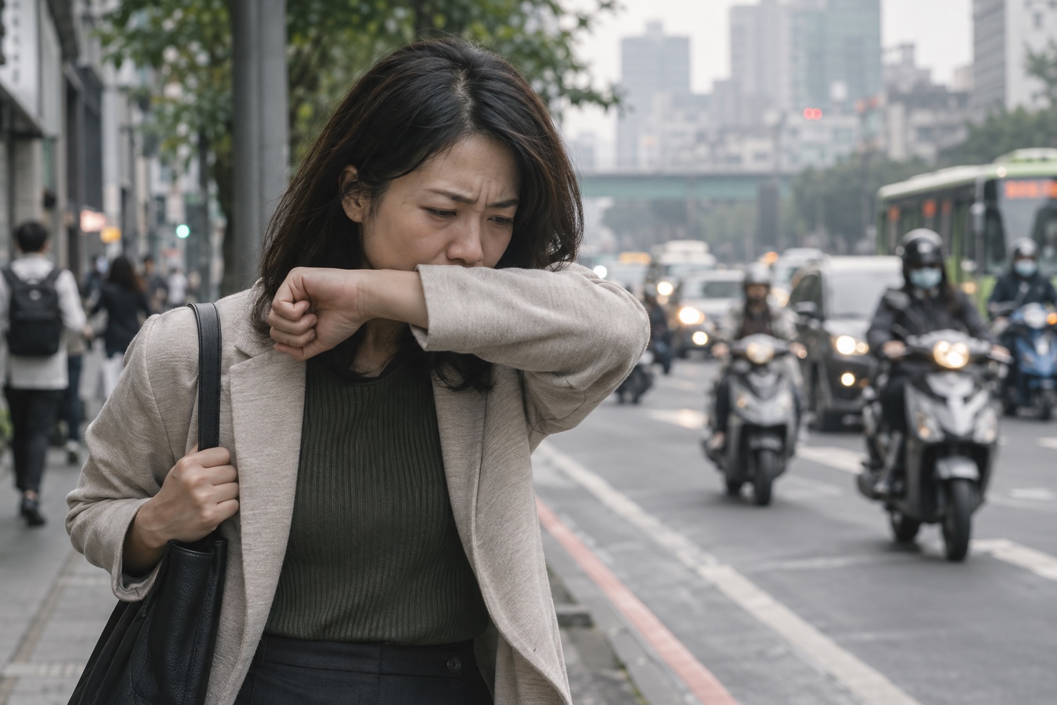 通勤中的女性在車流旁用手肘遮住口鼻咳嗽
