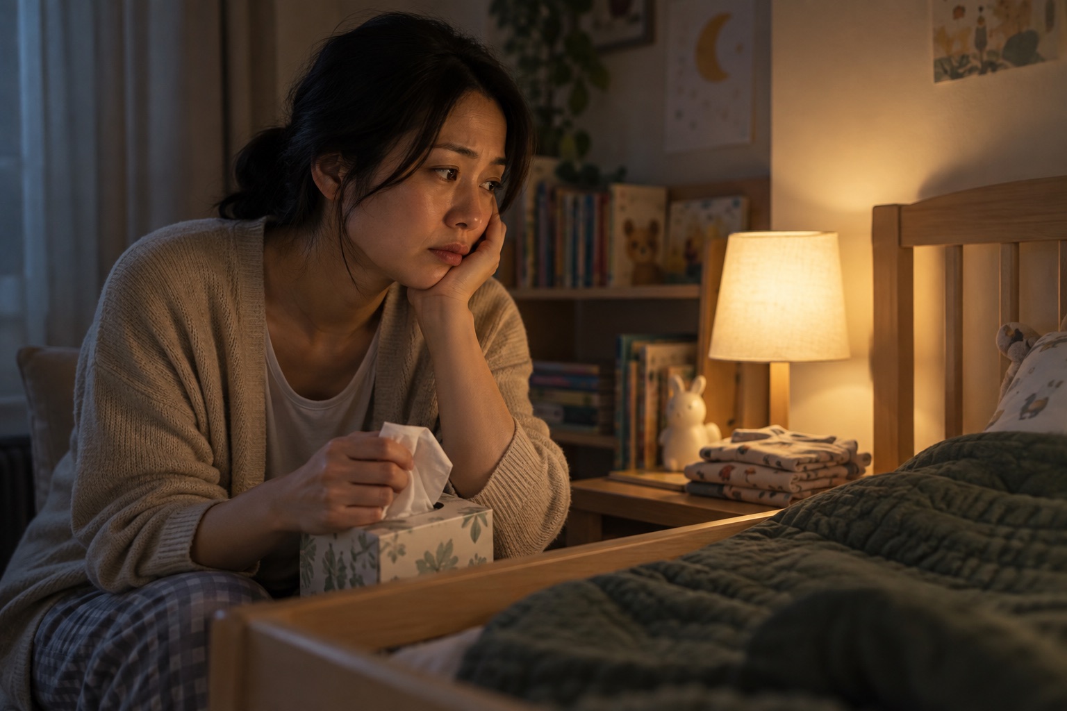 半夜仍醒著的媽媽坐在孩子床邊,神情疲憊而擔心